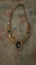 Vintage Gold-Tone Ribbed Bib Necklace with Faux Black Onyx & Rhinestones