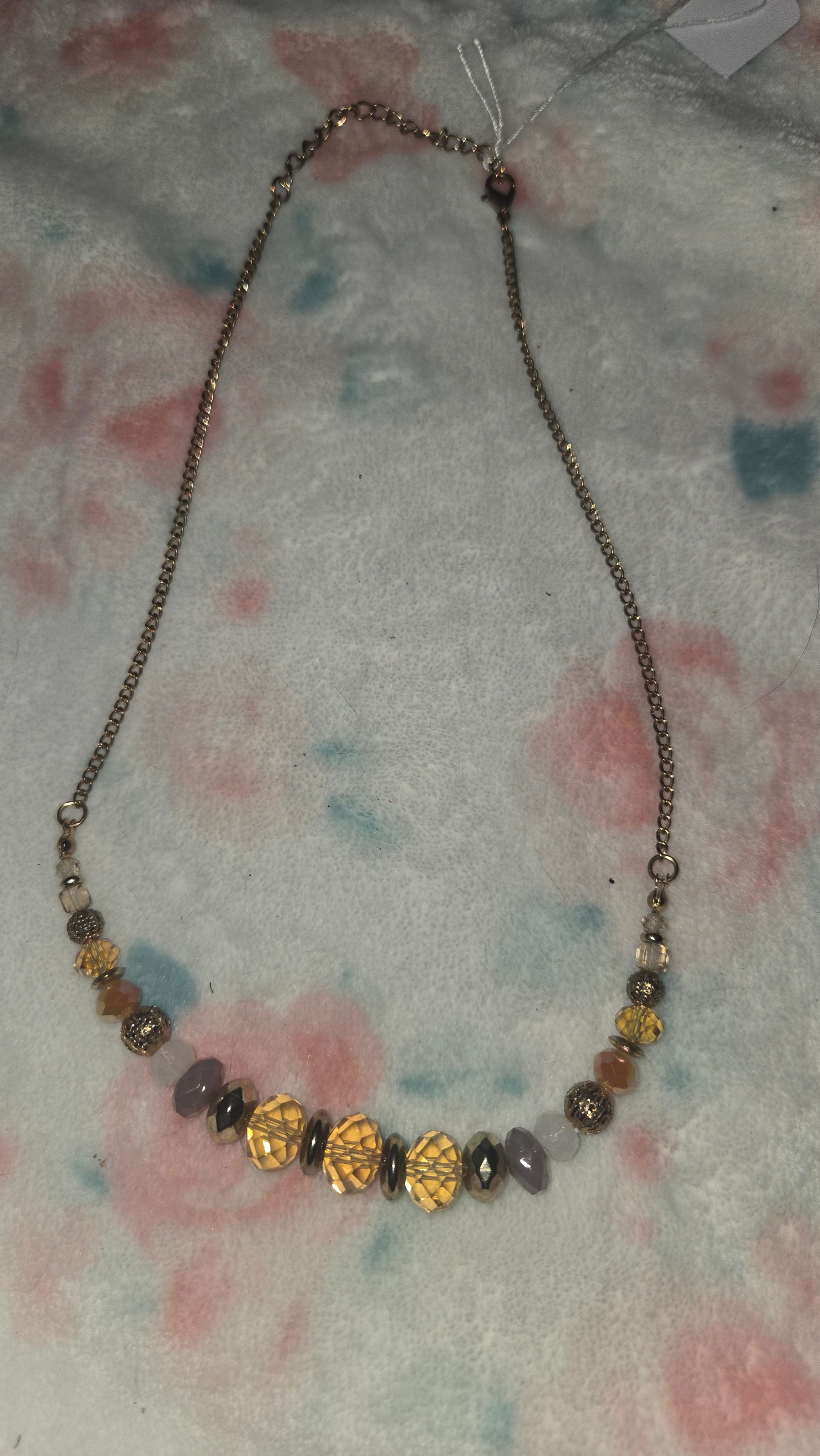 Vintage-Inspired Gold-Tone Beaded Necklace with Faceted Amber and Gray Glass Accents