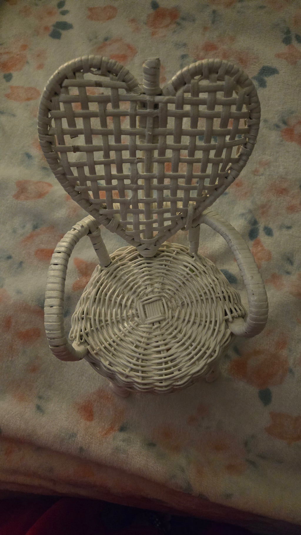 Vintage White Wicker Heart-Shaped Doll Chair & Miniature Plant Stand