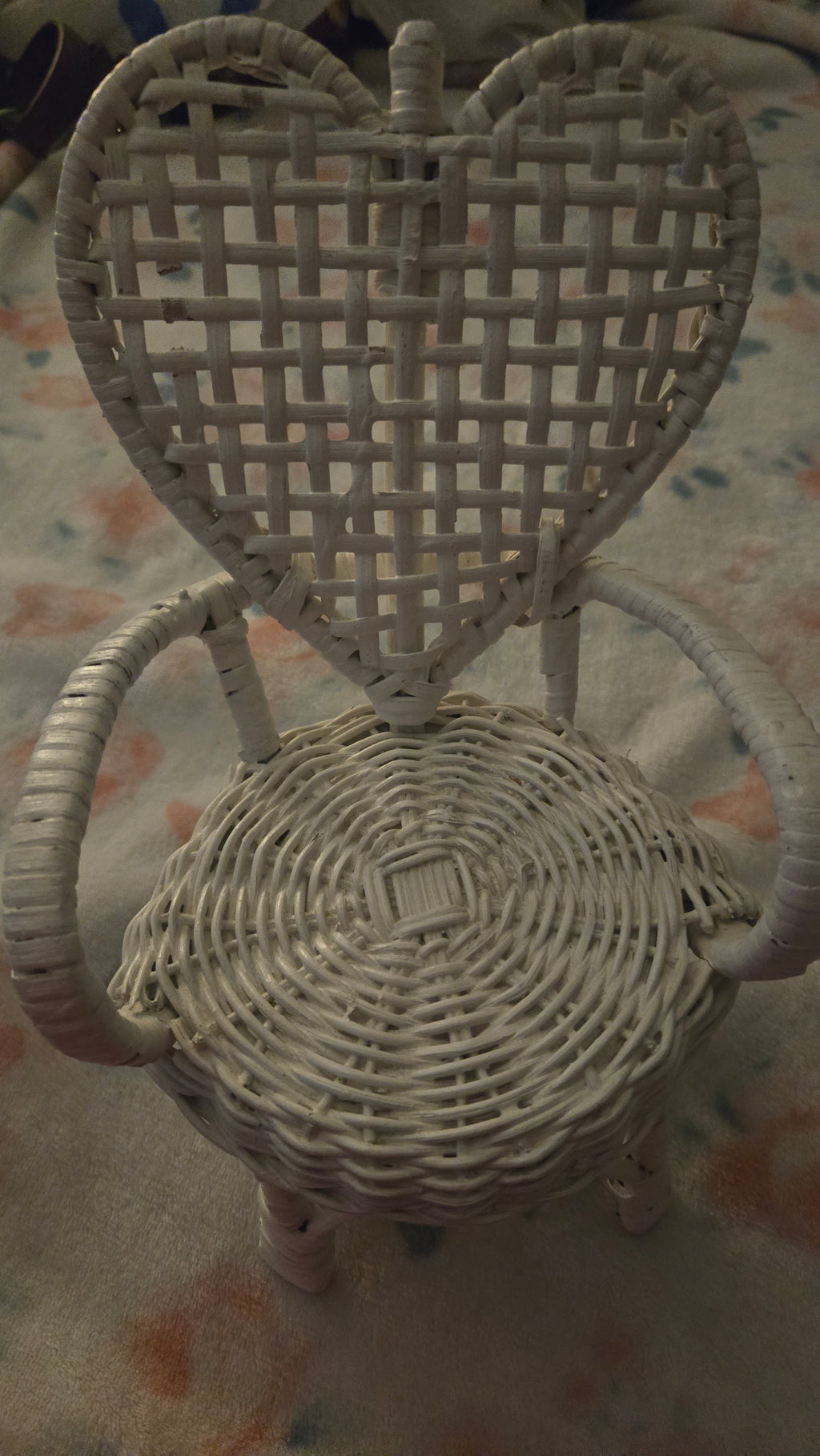 Vintage White Wicker Heart-Shaped Doll Chair & Miniature Plant Stand